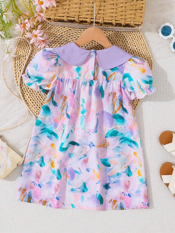 Little Girls' Peter Pan Collar Bowknot Puff Sleeve Summer Dress