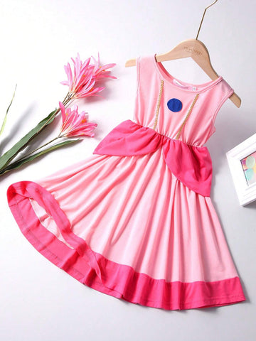 Little Girls' Pink And Red Retro Casual Patchwork Dress