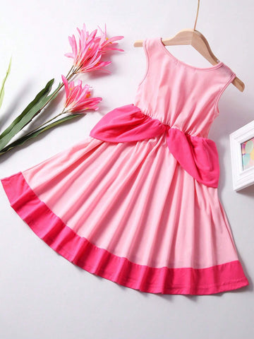 Little Girls' Pink And Red Retro Casual Patchwork Dress