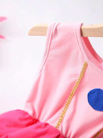 Little Girls' Pink And Red Retro Casual Patchwork Dress