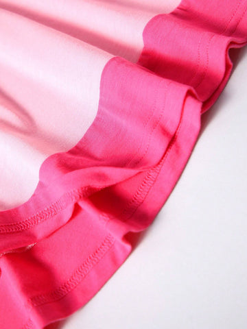 Little Girls' Pink And Red Retro Casual Patchwork Dress