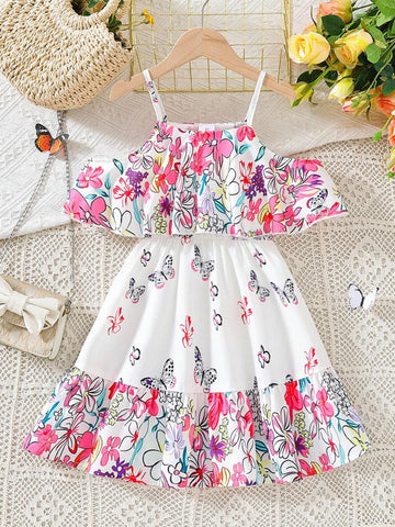 Little Girls' Pink Floral Butterfly Printed Sleeveless Dress With Straps