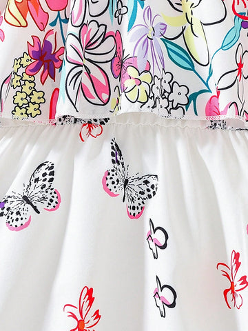 Little Girls' Pink Floral Butterfly Printed Sleeveless Dress With Straps