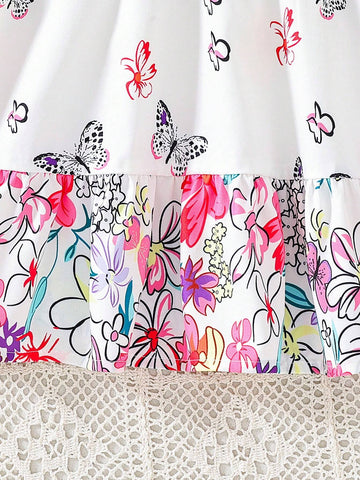 Little Girls' Pink Floral Butterfly Printed Sleeveless Dress With Straps