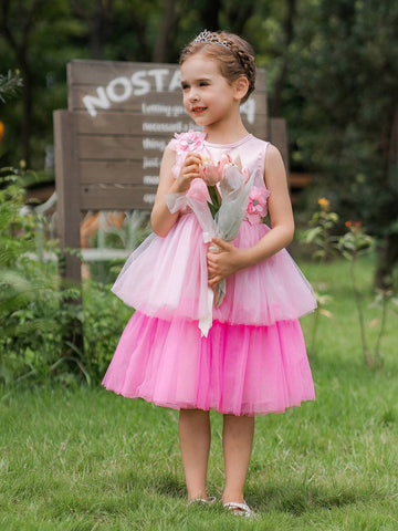 Little Girls' Pink Tulle Dress, With Fabric Flowers On The Top,Elegant, With Soft And Pink And Rose Colors,Suitable For Spring/Summer Seasons.