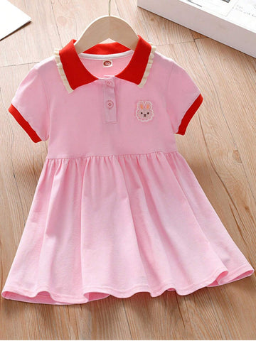 Little Girls' Preppy Style Polo Dress, Summer Embroidered Princess Dress