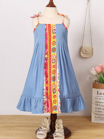 Little Girls' Printed Patchwork Dress With Ruffle Trimmed Shoulder Straps