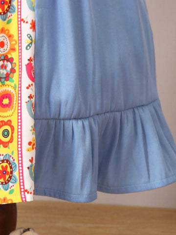 Little Girls' Printed Patchwork Dress With Ruffle Trimmed Shoulder Straps