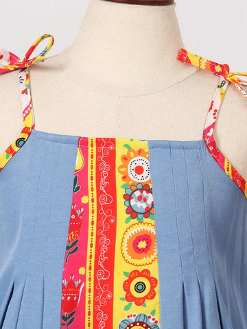 Little Girls' Printed Patchwork Dress With Ruffle Trimmed Shoulder Straps