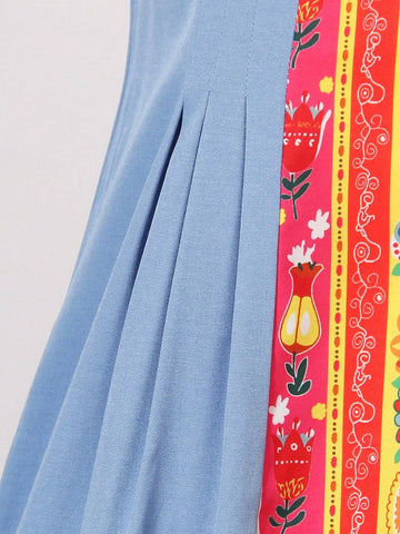 Little Girls' Printed Patchwork Dress With Ruffle Trimmed Shoulder Straps