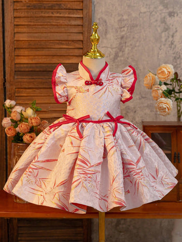 Little Girls Red Qipao Dress, High-End Jacquard Chinese Cheongsam Formal Dress