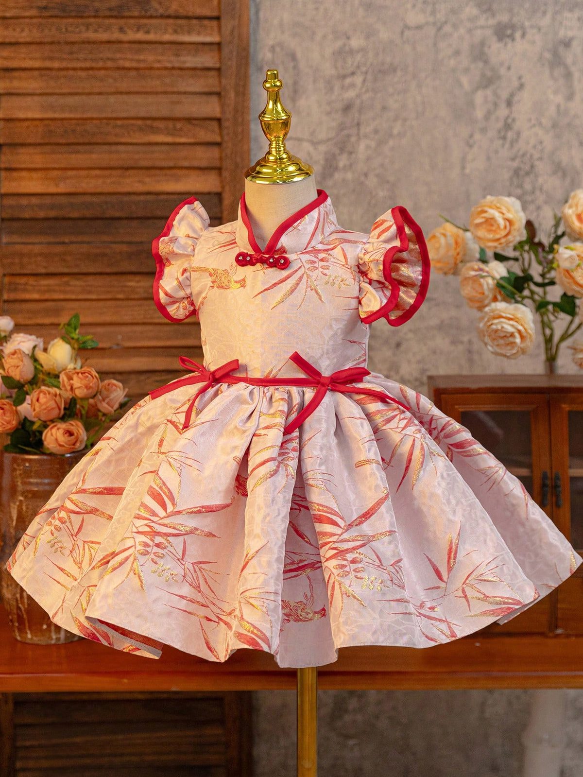 Little Girls Red Qipao Dress, High-End Jacquard Chinese Cheongsam Formal Dress