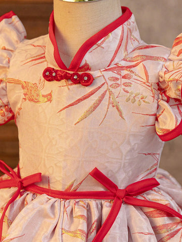 Little Girls Red Qipao Dress, High-End Jacquard Chinese Cheongsam Formal Dress