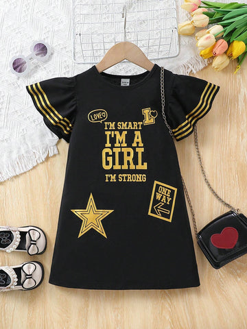 Little Girls' Round Neck Color Block Dress With Letter Printed