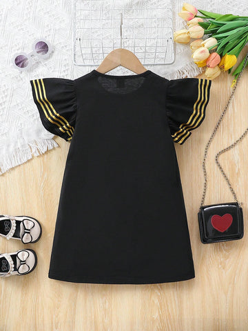Little Girls' Round Neck Color Block Dress With Letter Printed