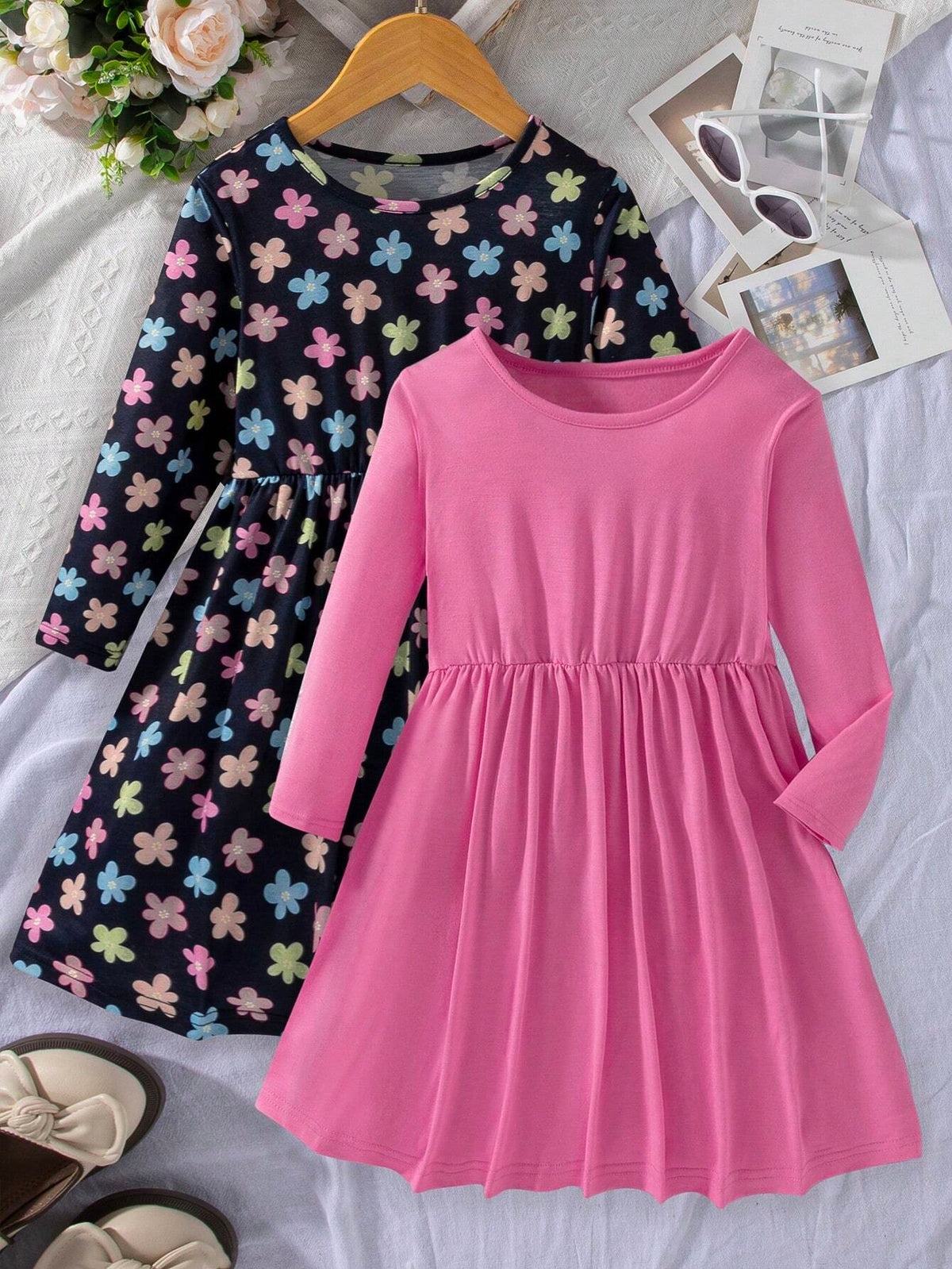 Little Girls Round Neck Long Sleeve Ruched Minimalist Casual Dress, Daily Wear