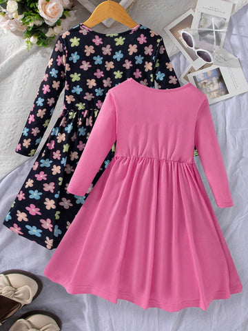 Little Girls Round Neck Long Sleeve Ruched Minimalist Casual Dress, Daily Wear