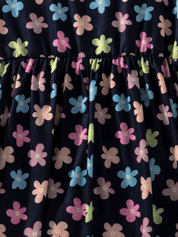 Little Girls Round Neck Long Sleeve Ruched Minimalist Casual Dress, Daily Wear