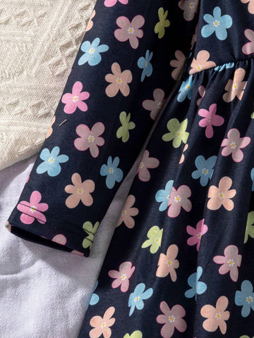 Little Girls Round Neck Long Sleeve Ruched Minimalist Casual Dress, Daily Wear