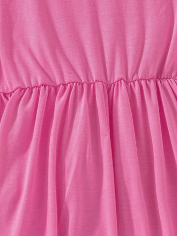 Little Girls Round Neck Long Sleeve Ruched Minimalist Casual Dress, Daily Wear