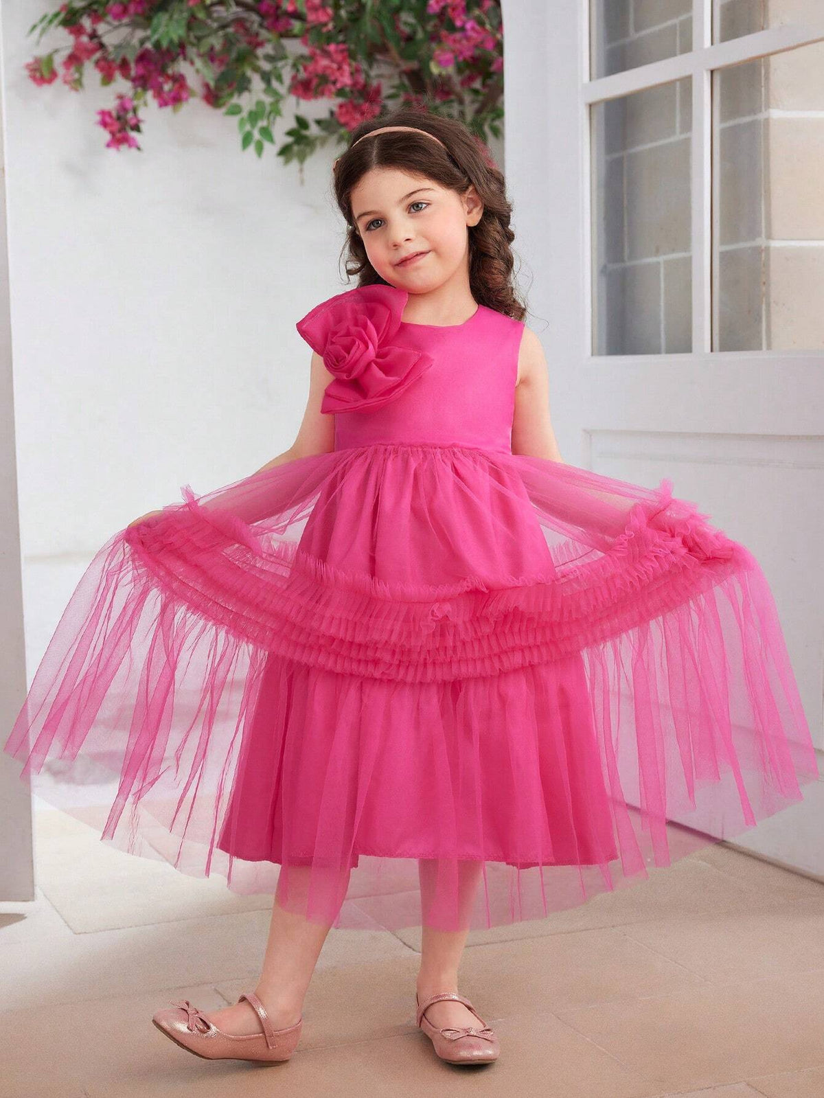 Little Girls' Sleeveless 3D Flower Mesh Dress