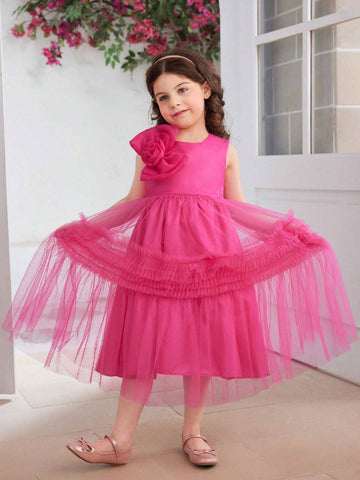 Little Girls' Sleeveless 3D Flower Mesh Dress