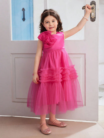 Little Girls' Sleeveless 3D Flower Mesh Dress