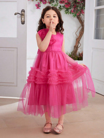 Little Girls' Sleeveless 3D Flower Mesh Dress