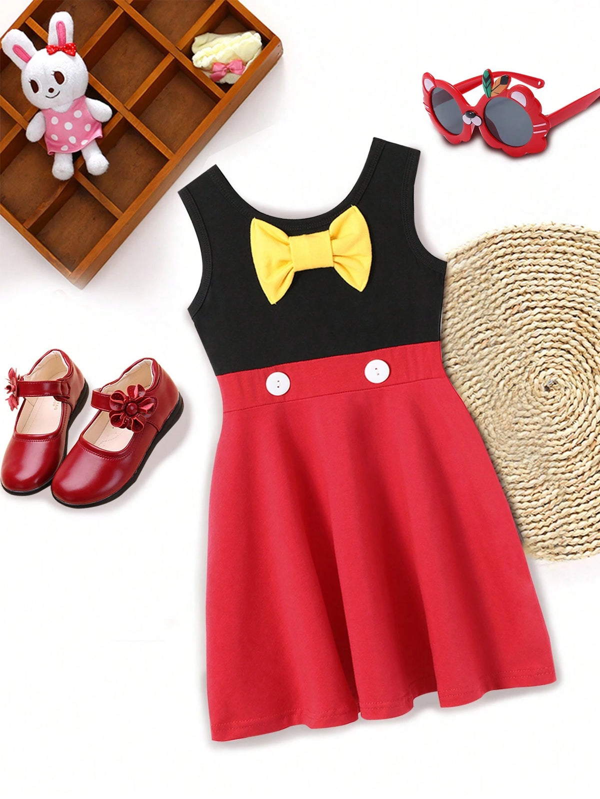 Little Girls" Sleeveless Color-Blocked Cute Bowknot Casual Dress For Summer