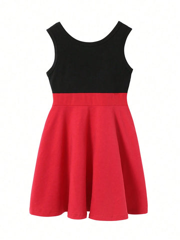 Little Girls" Sleeveless Color-Blocked Cute Bowknot Casual Dress For Summer