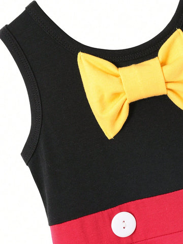 Little Girls" Sleeveless Color-Blocked Cute Bowknot Casual Dress For Summer