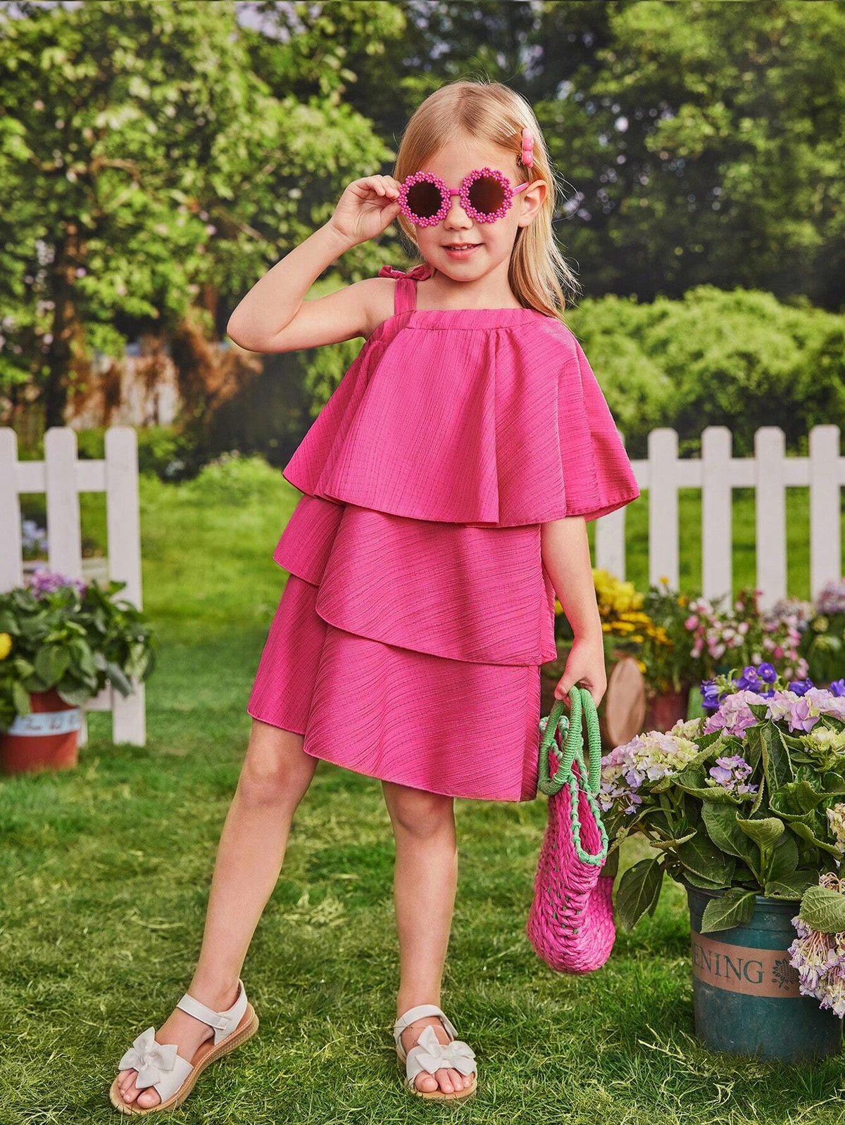 Little Girls' Solid Color Asymmetrical Collar Layered & Tiered Dress