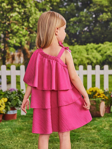 Little Girls' Solid Color Asymmetrical Collar Layered & Tiered Dress