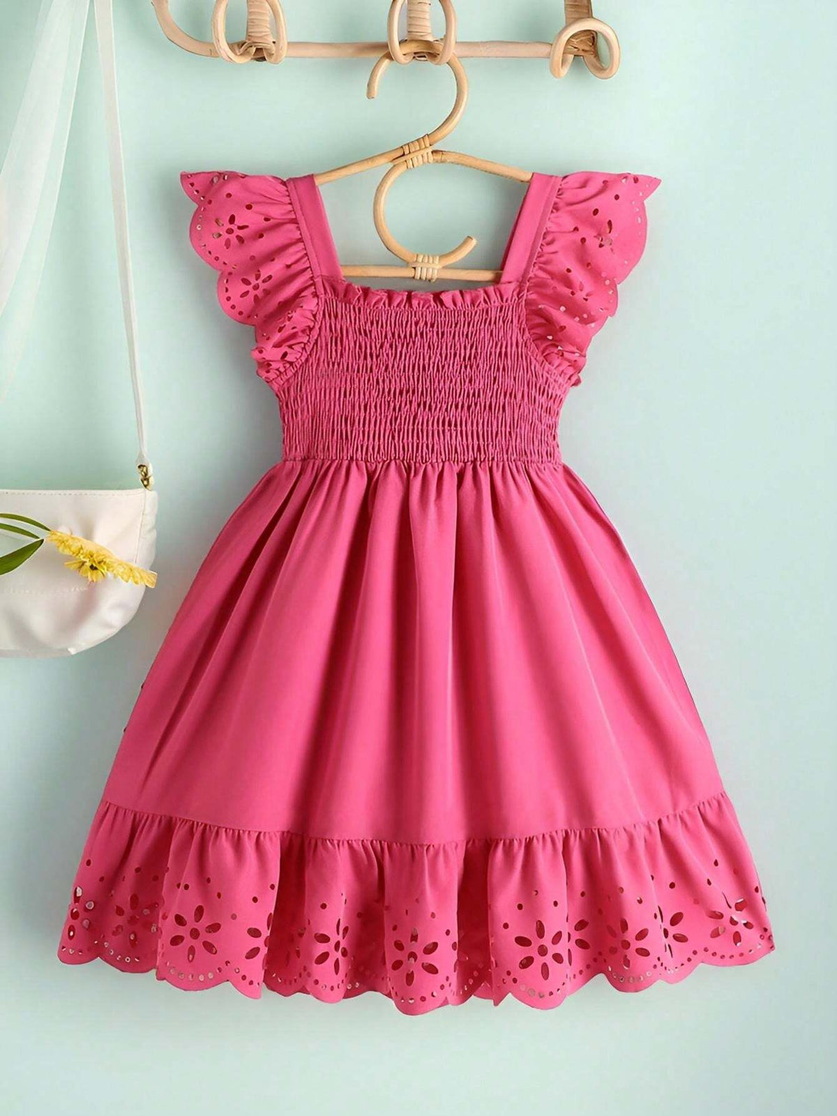Little Girls Solid Color Hollow Out Sleeveless Square Neck A-Line Casual Dress