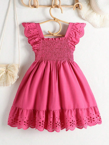 Little Girls Solid Color Hollow Out Sleeveless Square Neck A-Line Casual Dress