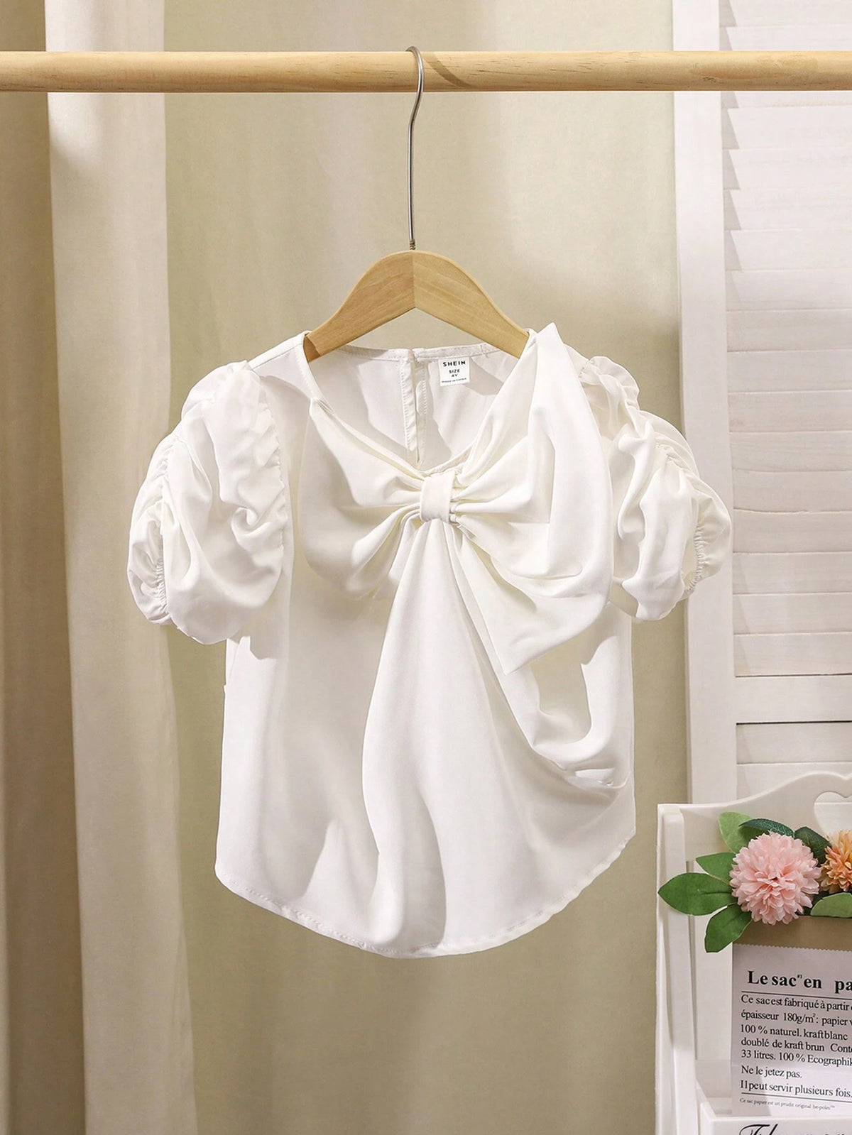 Little Girl's Solid Color Puff Sleeve Casual Shirt With Bowknot Decoration, Spring/Summer