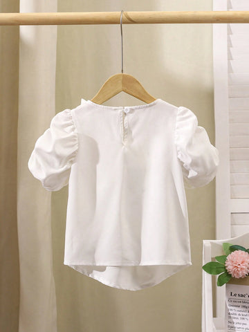 Little Girl's Solid Color Puff Sleeve Casual Shirt With Bowknot Decoration, Spring/Summer