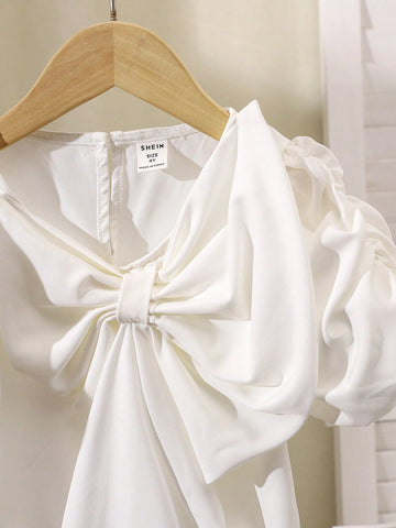 Little Girl's Solid Color Puff Sleeve Casual Shirt With Bowknot Decoration, Spring/Summer
