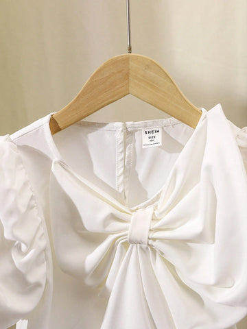 Little Girl's Solid Color Puff Sleeve Casual Shirt With Bowknot Decoration, Spring/Summer