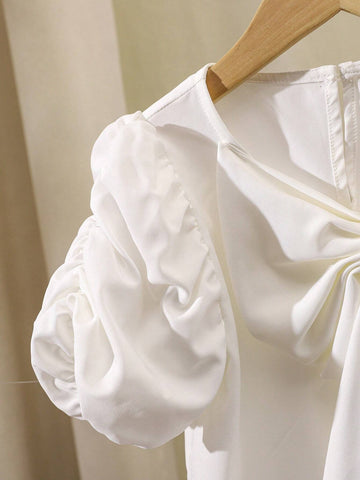 Little Girl's Solid Color Puff Sleeve Casual Shirt With Bowknot Decoration, Spring/Summer