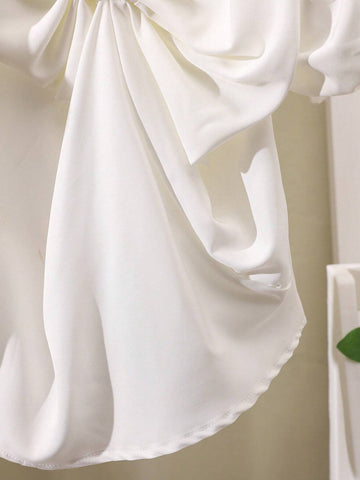 Little Girl's Solid Color Puff Sleeve Casual Shirt With Bowknot Decoration, Spring/Summer