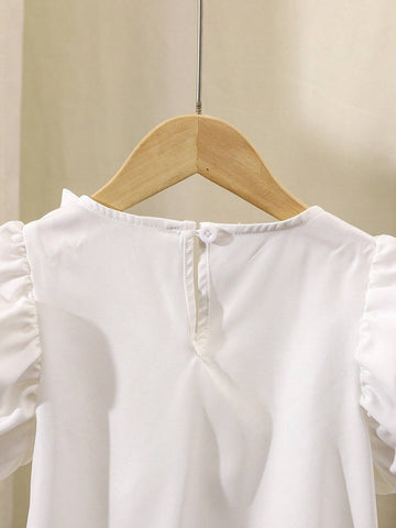 Little Girl's Solid Color Puff Sleeve Casual Shirt With Bowknot Decoration, Spring/Summer