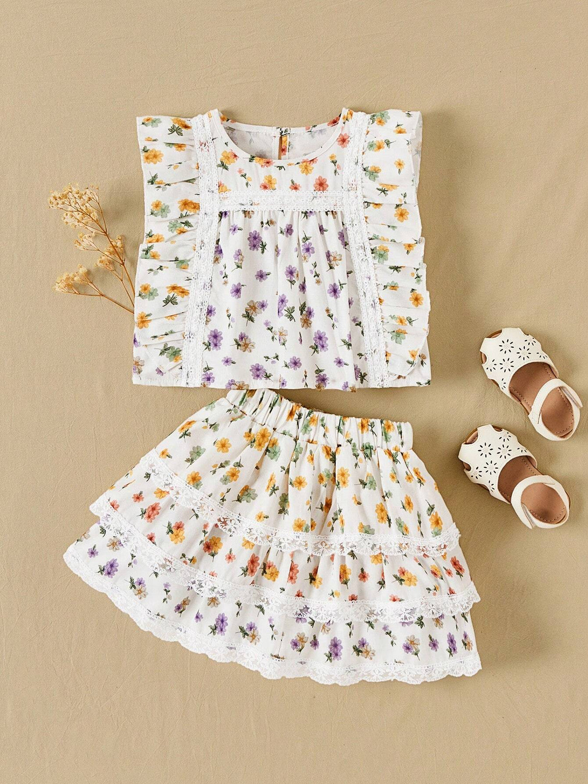 Little Girls' Spring/Summer Floral Patchwork Lace Shirt & Layered Skirt With Lace Trim Set