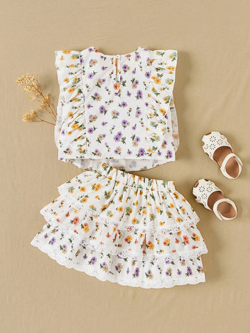 Little Girls' Spring/Summer Floral Patchwork Lace Shirt & Layered Skirt With Lace Trim Set