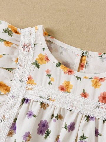 Little Girls' Spring/Summer Floral Patchwork Lace Shirt & Layered Skirt With Lace Trim Set