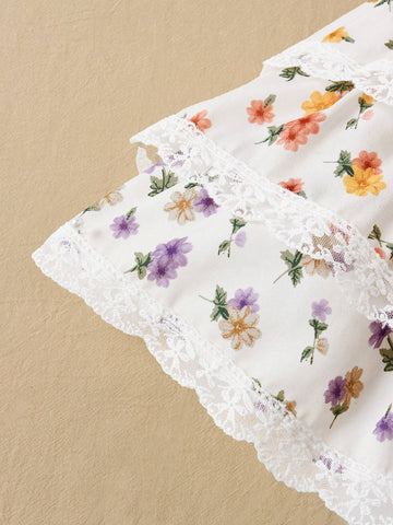 Little Girls' Spring/Summer Floral Patchwork Lace Shirt & Layered Skirt With Lace Trim Set