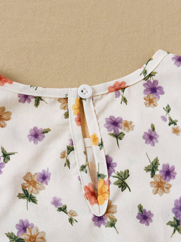 Little Girls' Spring/Summer Floral Patchwork Lace Shirt & Layered Skirt With Lace Trim Set