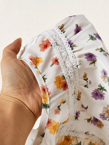 Little Girls' Spring/Summer Floral Patchwork Lace Shirt & Layered Skirt With Lace Trim Set