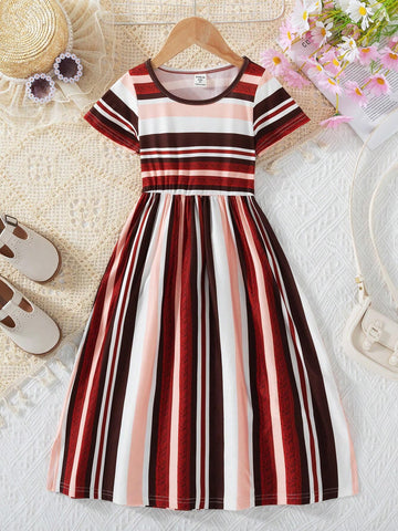 Little Girls' Striped Patchwork Digital Print Dress For Summer Vacation