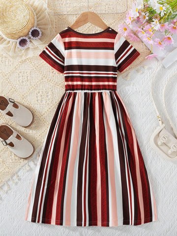Little Girls' Striped Patchwork Digital Print Dress For Summer Vacation
